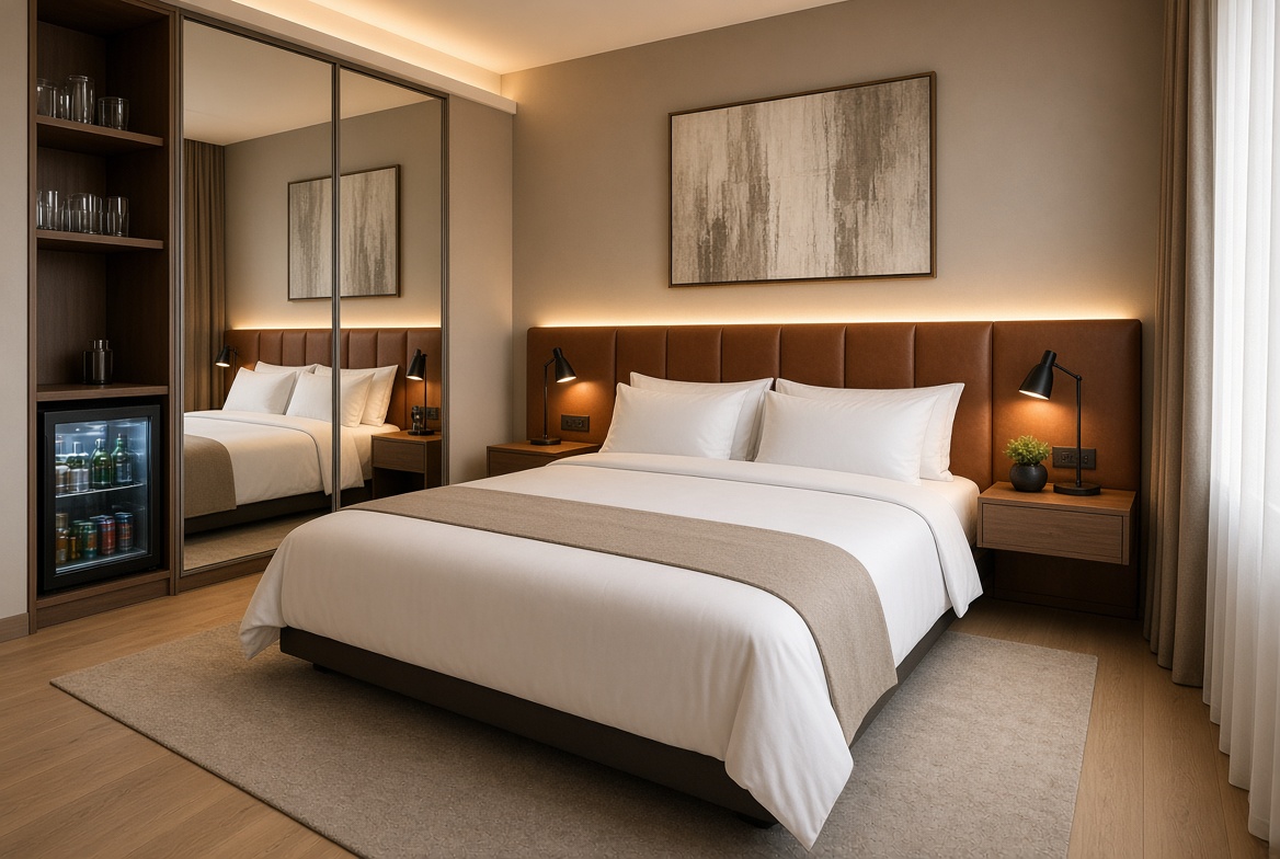 Quarto com cabeceira em couro e unit de minibar