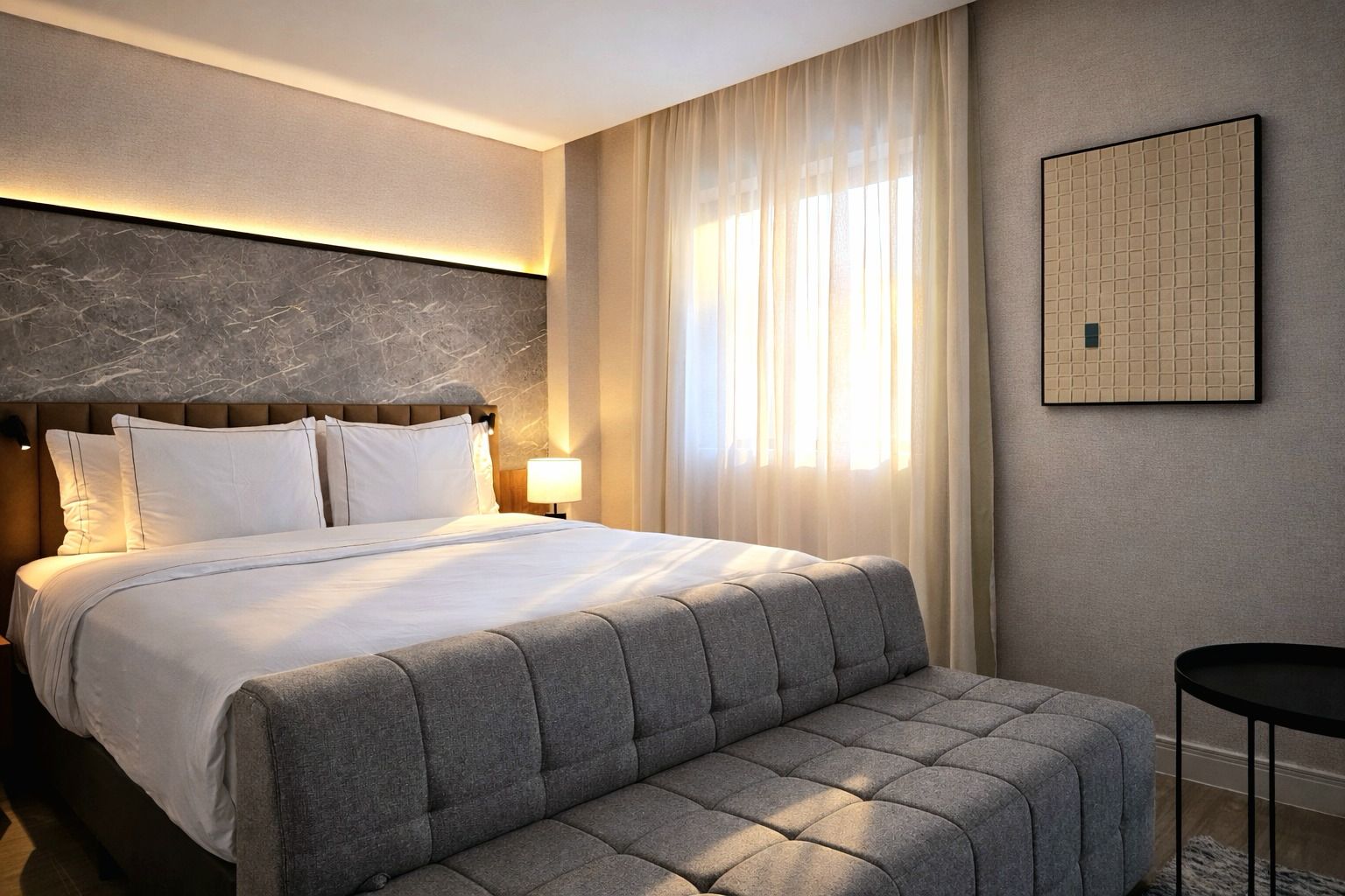 Suite com cabeceira em mármore e banco estofado